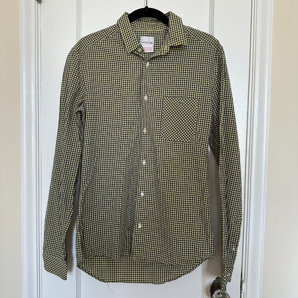 Lacoste Business Casual Yellow and Navy Gingham Button-down Shirt Size 38